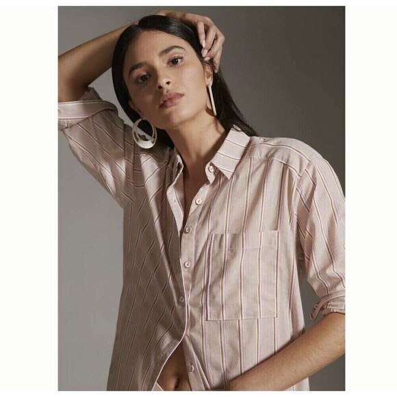 Anthropologie Long Line Cotton Shirt Cover-up Small in Neutral Motif - Picture 4 of 9